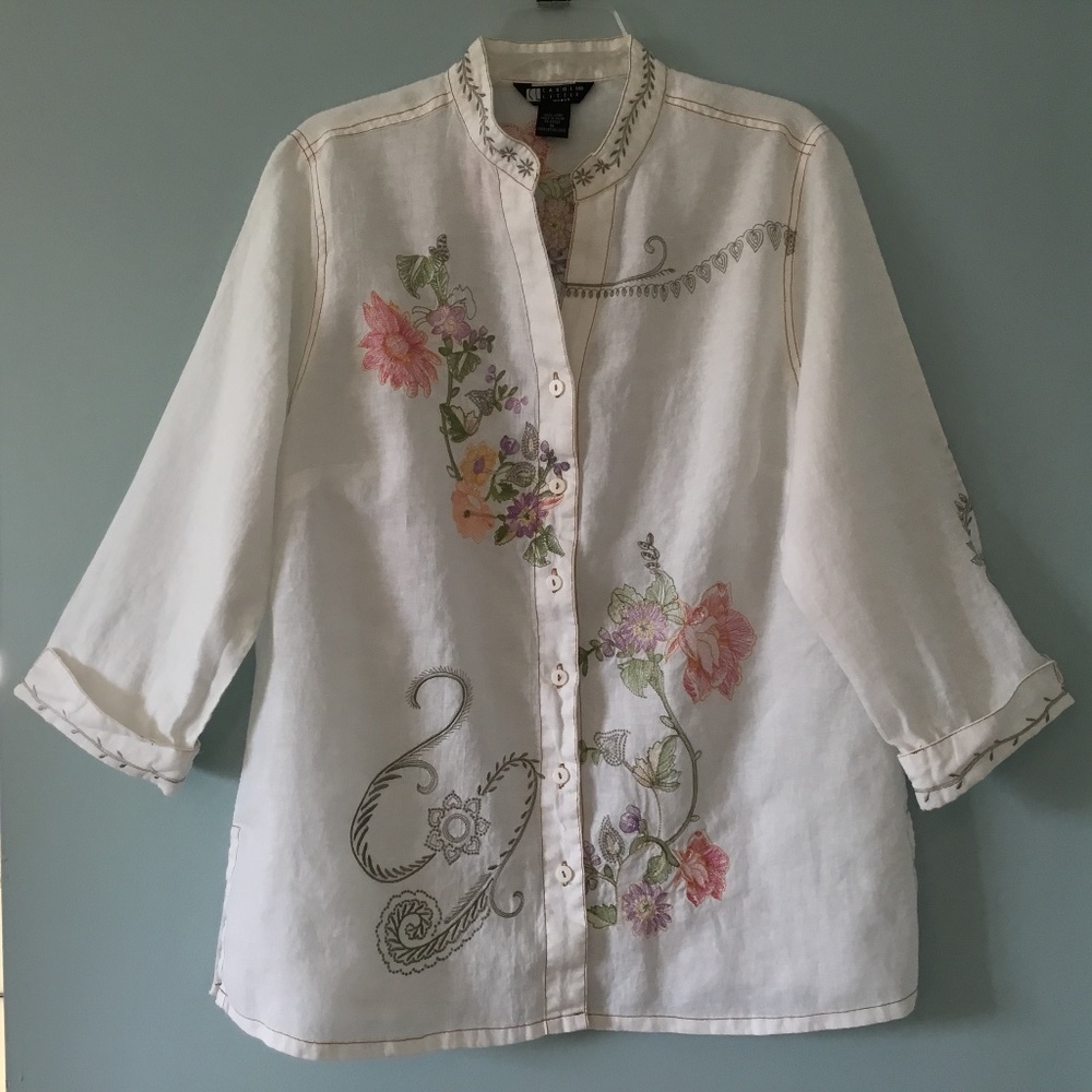 Carole Little white linen 3/4 sleeve floral embroidered blouse, sz 1X, like new